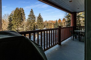 A balcony with a view of trees and a building.