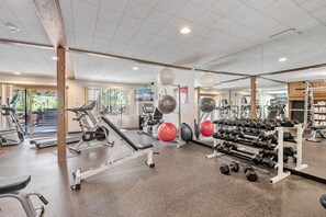 Une salle de sport équipée de machines de cardio, de poids libres et de ballons d’exercice.