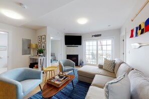 TV, fireplace, books, stereo - Dreamy ocean-view perch with furnished balcony & beach access - dog-friendly (Dennis Port)