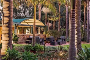 A covered outdoor seating area with modern furniture, surrounded by tall palm trees and lush greenery.