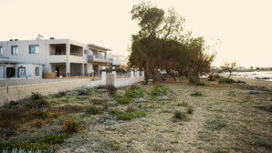 Un edificio moderno con techo plano, varios balcones y un jardín ajardinado con diversas plantas.