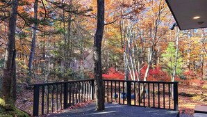 A wooden deck with a black railing, surrounded by trees with autumn foliage. - IPPUKAKU (Tsumagoi)