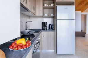 Kühlschrank, Ofen, Herdplatte, Wasserkocher mit Kaffee-/Teezubehör