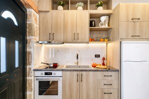 Frigorífico, horno, placa de cocina y hervidor eléctrico