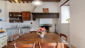 A dining area with a wooden table, chairs, a vase of flowers, a fireplace, and a kitchen with cabinets and a sink.