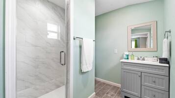 Hair dryer, towels, soap, shampoo