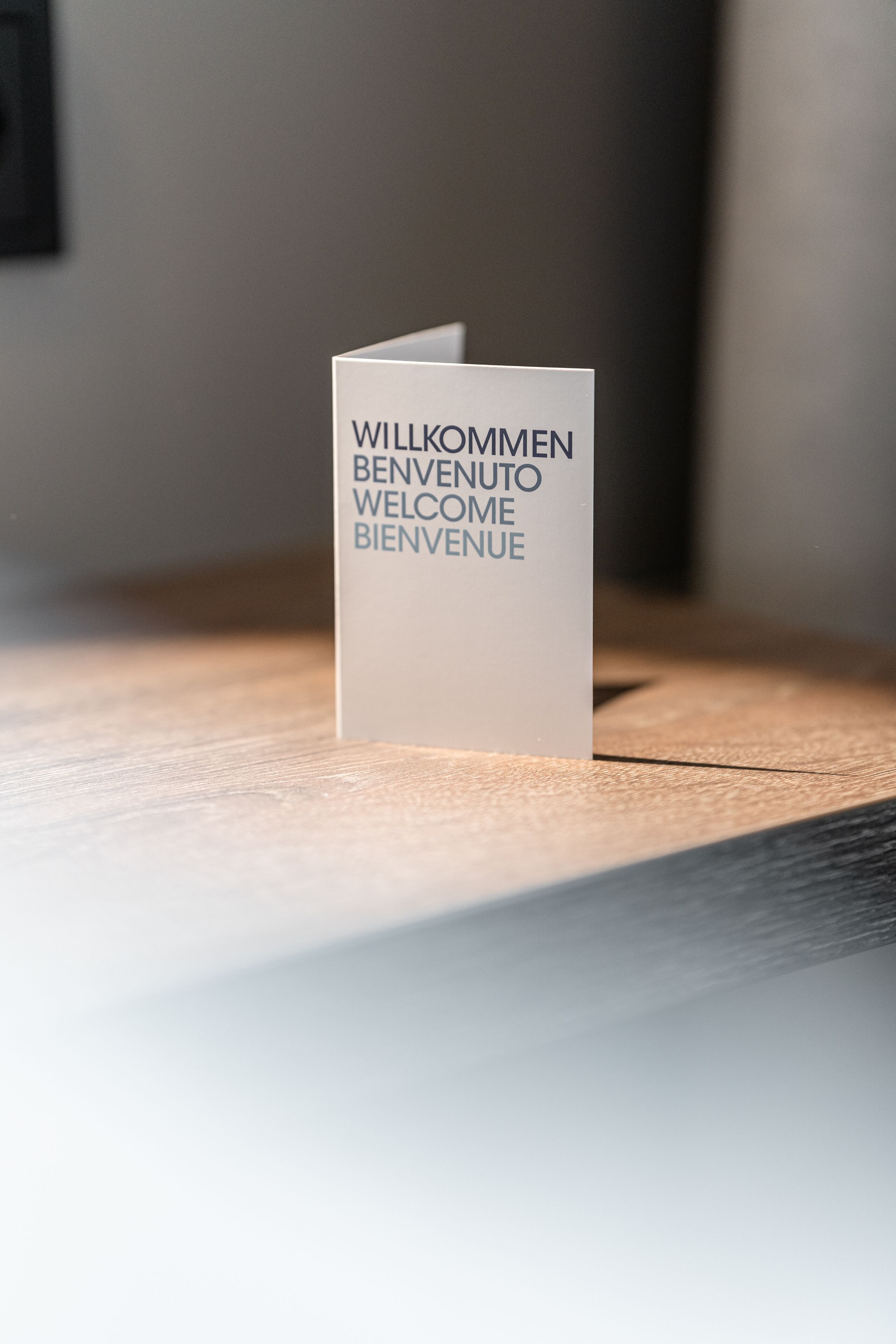Un cartel de bienvenida con el texto 'WILKOMMEN BENEVENUTO WELCOME BIENVENUE' sobre una superficie de madera.