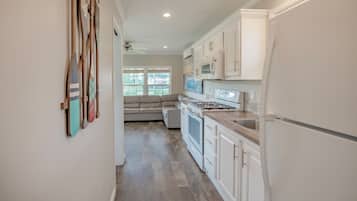 Fridge, microwave, coffee/tea maker, toaster