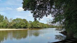 A calm river with a wooden dock extending into the water, surrounded by dense greenery and trees. - Charming house on the banks of the Louet (Mûrs-Erigné)