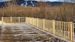 Un puente de madera con barandilla que conduce a un paisaje nevado con árboles y montañas al fondo.