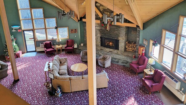 Una sala de estar acogedora con chimenea de piedra, ventanas amplias y techo alto.