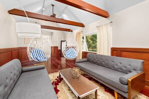 TV connectée, cheminée, livres, chaîne hi-fi