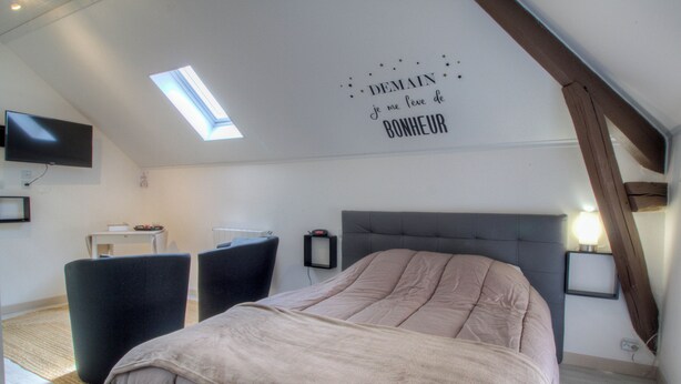 Ein Schlafzimmer mit Bett, Schreibtisch und Stuhl. Über dem Bett befindet sich ein Dachfenster und eine wandmontierte Fernsehgerät.
