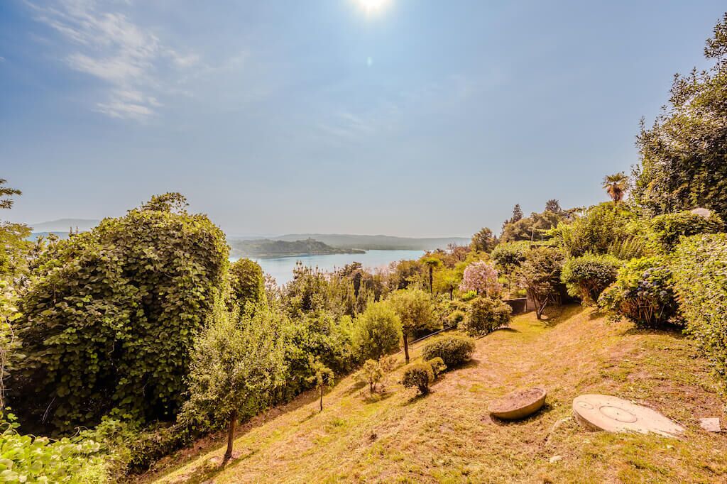 Un jardin aménagé avec une variété d’arbres et d’arbustes, un ciel dégagé et une étendue d’eau visible au loin.