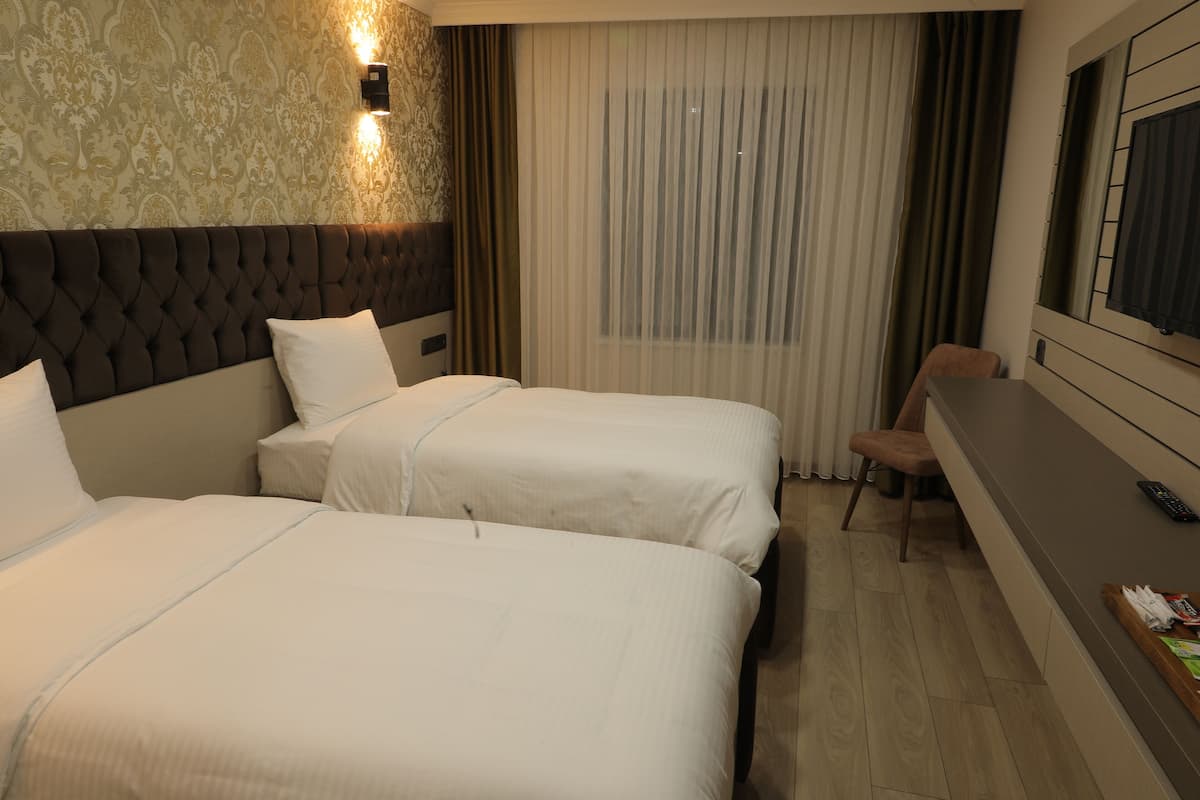 A hotel room with two beds, a sofa, a chair, a TV, and a window with curtains.