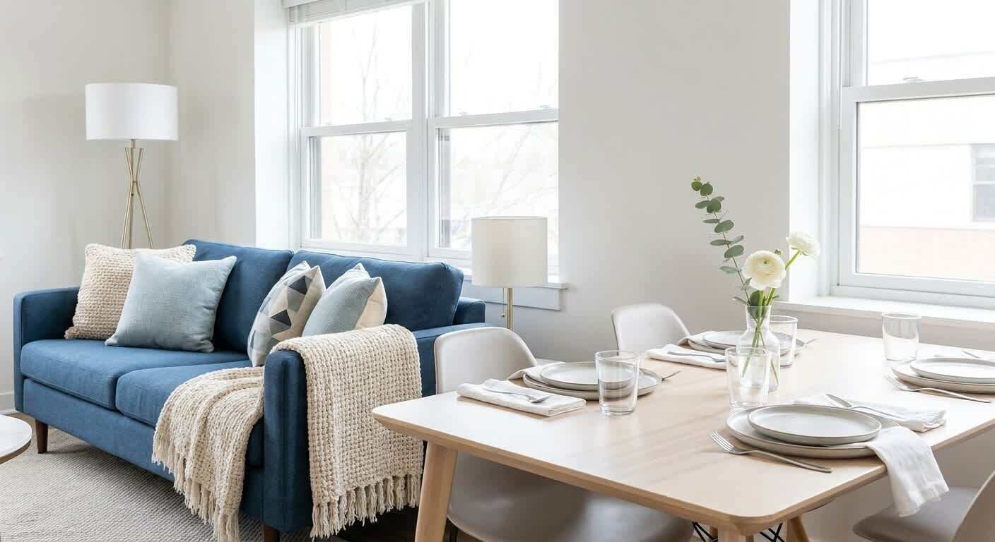 Een moderne woonkamer met een blauwe bank, blauwe en witte kussens, een witte eettafel en een vaas met witte bloemen.