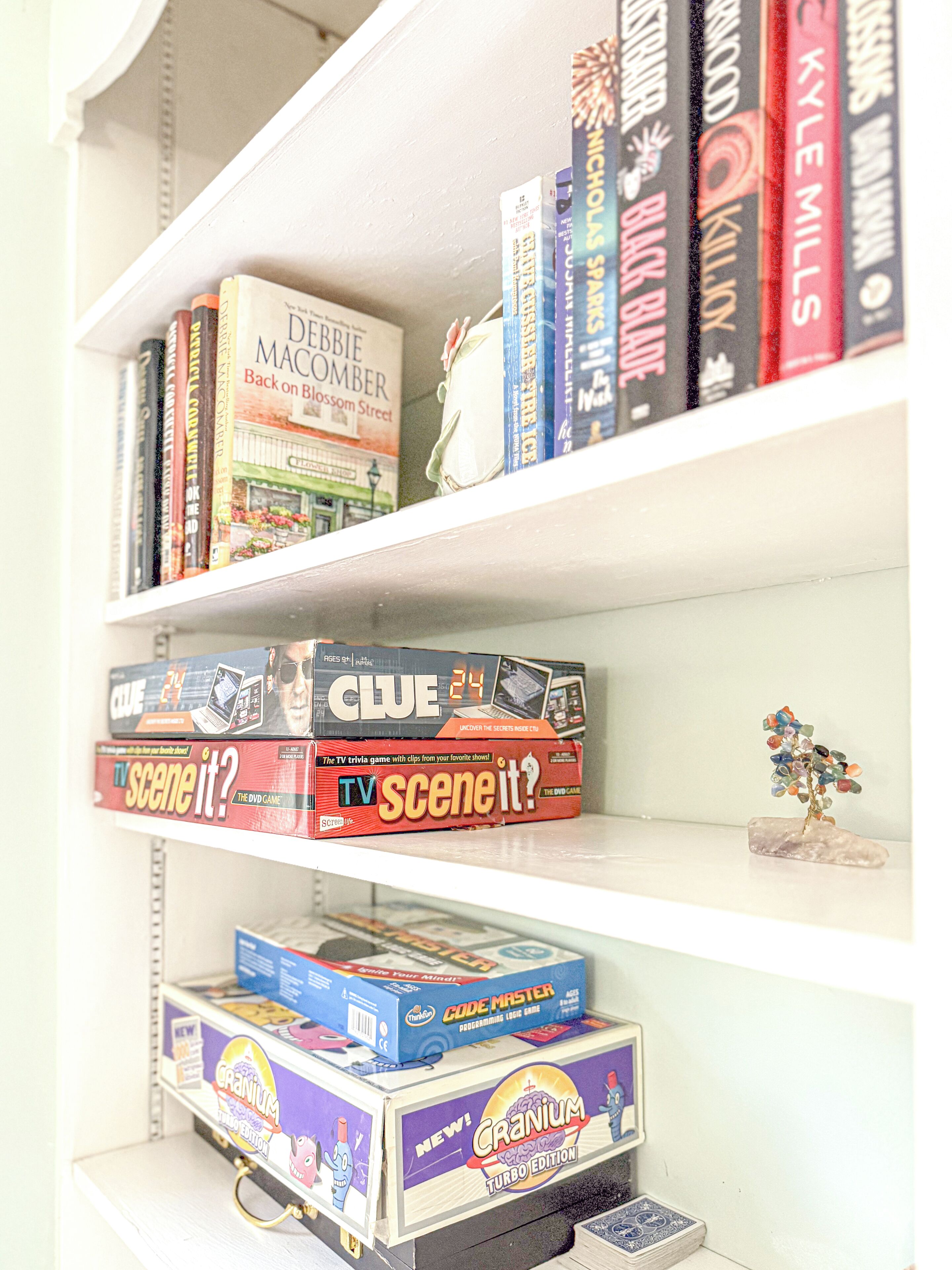 Une bibliothèque contenant divers livres et jeux.