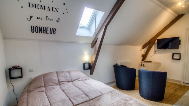Une chambre avec un plafond en pente, un puits de lumière, un lit, un téléviseur fixé au mur et une petite table de chevet.