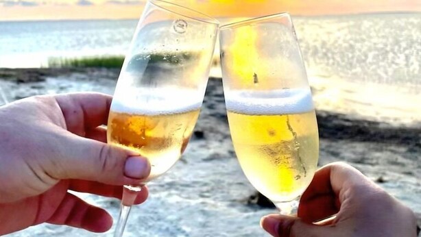 Two hands holding champagne glasses with a sunset and ocean in the background.