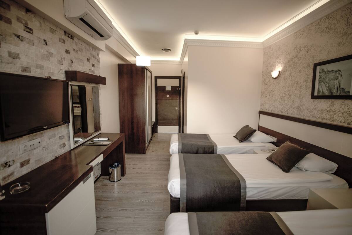 Une chambre d’hôtel équipée d’un téléviseur à écran plat, d’un bureau en bois, de deux lits avec une literie sombre, d’une petite poubelle et d’un climatiseur fixé au mur.