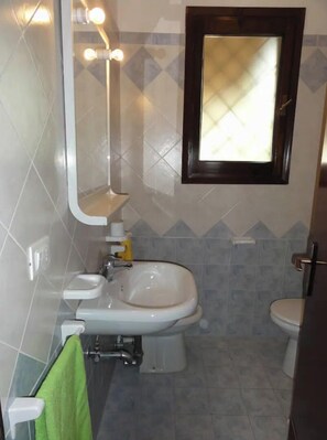 Un baño con lavamanos, inodoro y espejo.