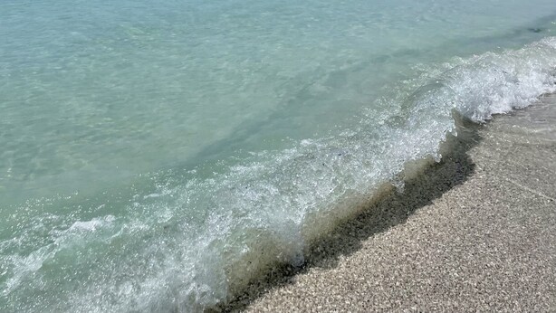 Ein Strand mit klarem türkisblauem Wasser und einem sandigen Ufer unter blauem Himmel.