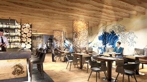 A restaurant interior with wooden ceiling, bar area, and seating arrangements. - Miramare Suites (Sestri Levante)