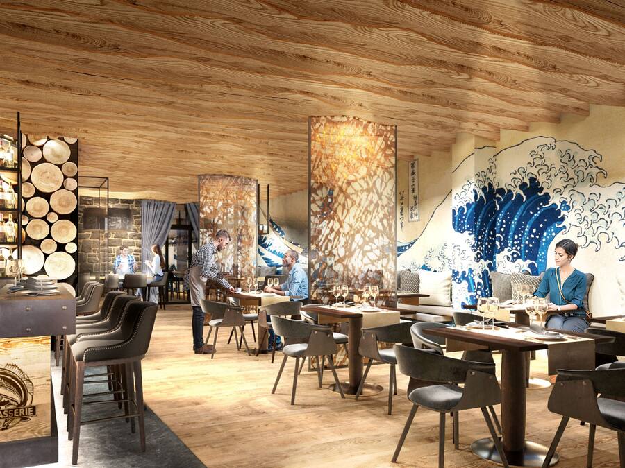 A restaurant interior with wooden ceiling, bar area, and seating arrangements.