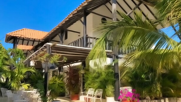 A covered outdoor seating area with chairs and potted plants, a building with a tiled roof, and palm trees. - Casa Ines Hostal a place especially for you... (Santa Marta)