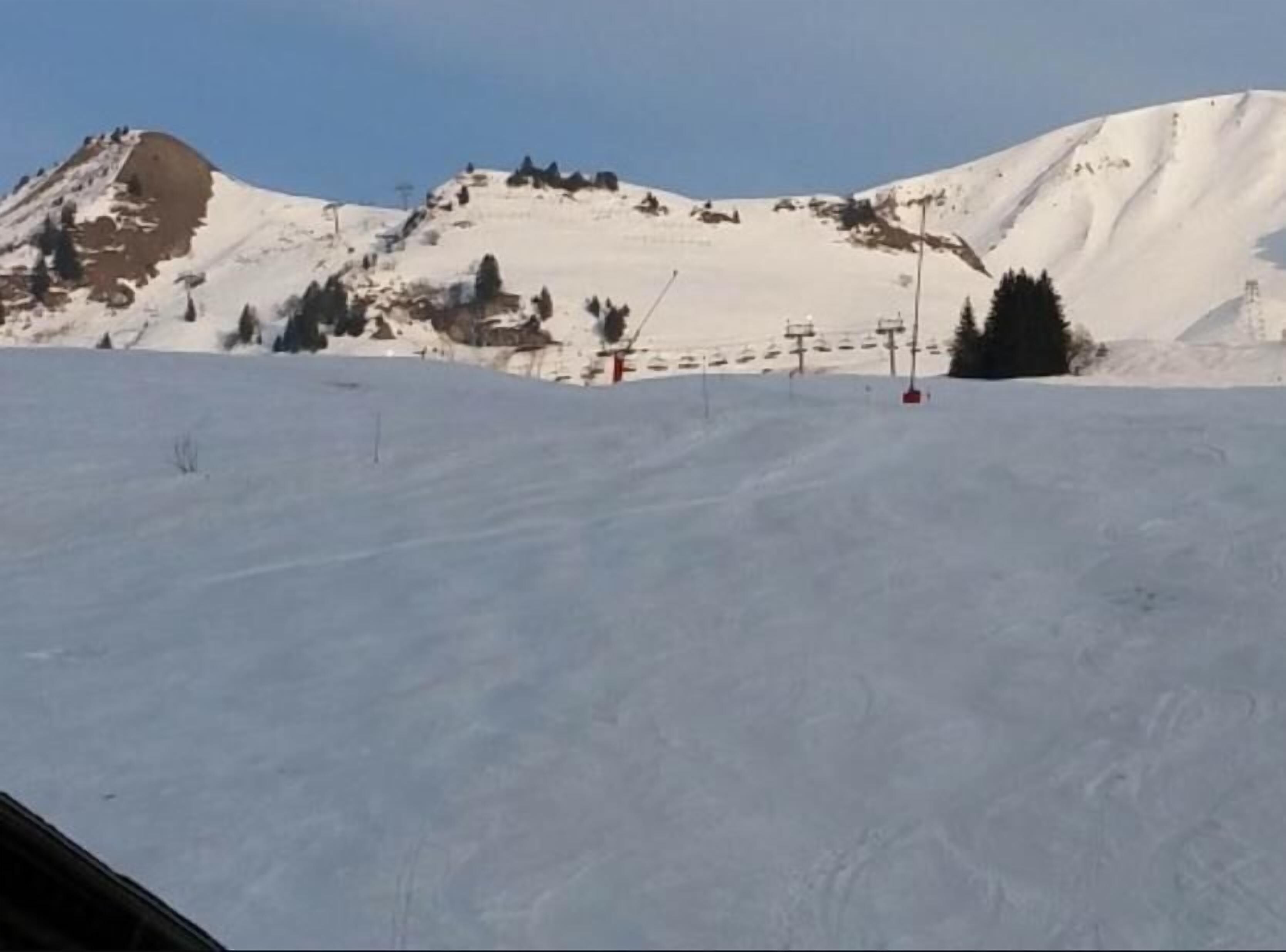 Un paysage de montagne enneigé, avec des remontées mécaniques et des arbres.