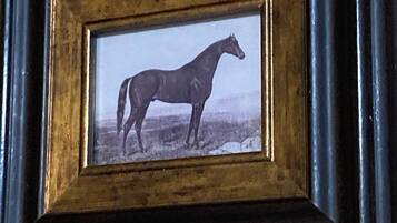 Un cuadro enmarco con la imagen de un caballo, en un marco oscuro y con textura.
