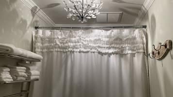Combined shower/bathtub, towels, soap, toilet paper