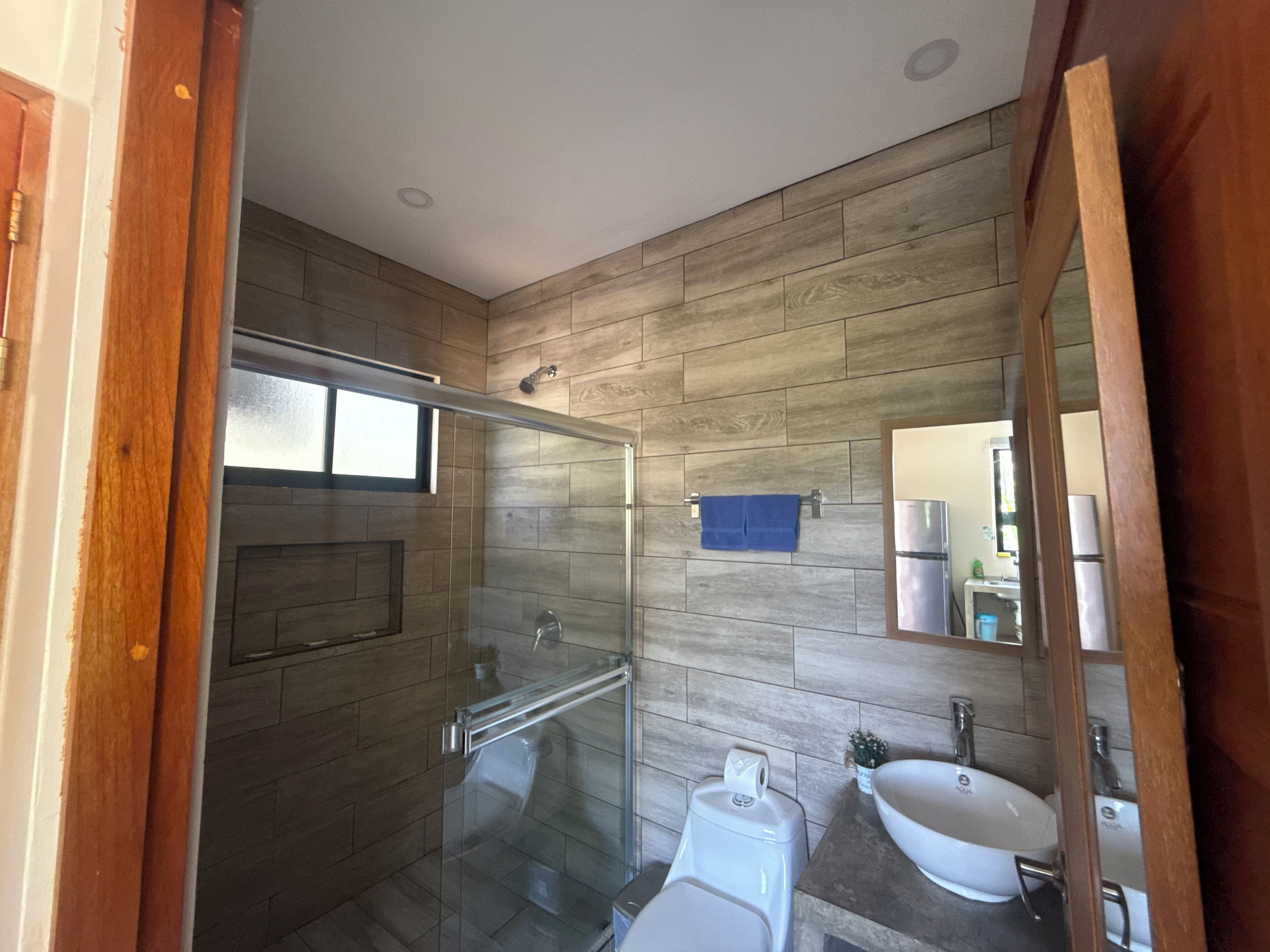 Shower, towels, soap, toilet paper