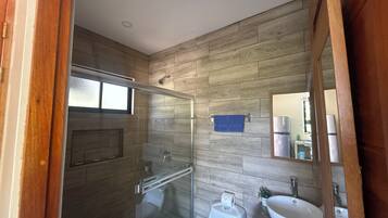 Shower, towels, soap, toilet paper