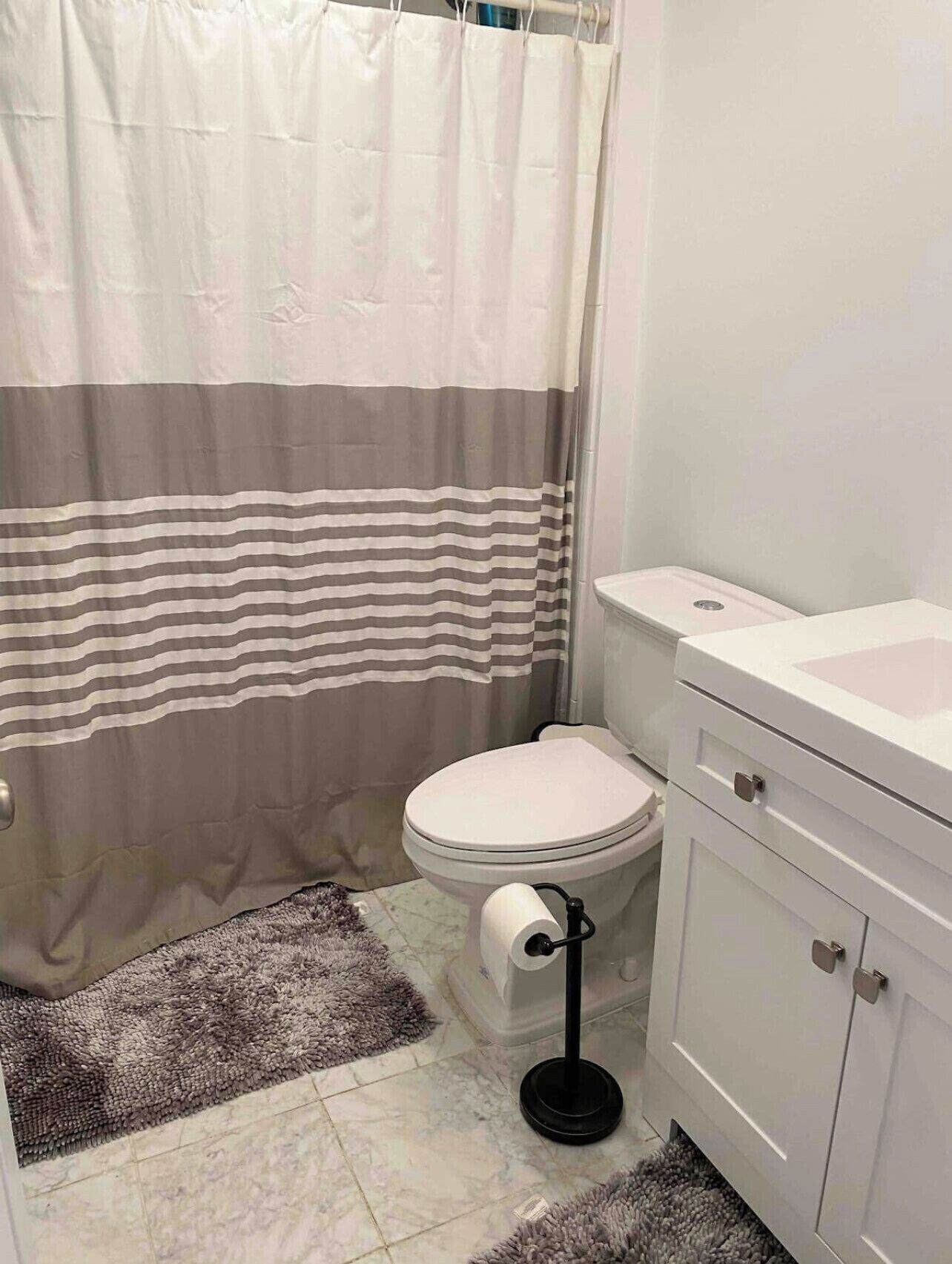Ein Badezimmer mit Toilette, Waschbecken, einem Schrank, einer Duschvorhang und zwei Teppichen.