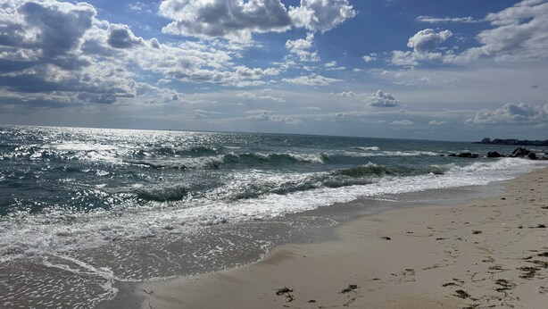 Una spiaggia con onde, cielo sereno e nuvole sparse.