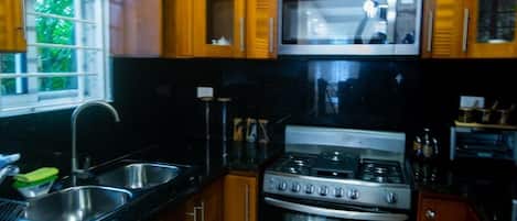 Fridge, microwave, oven, coffee/tea maker