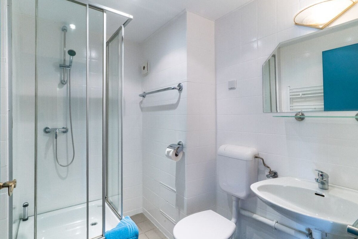 A modern bathroom with a glass-enclosed shower, a toilet, and a sink with a mirror above.