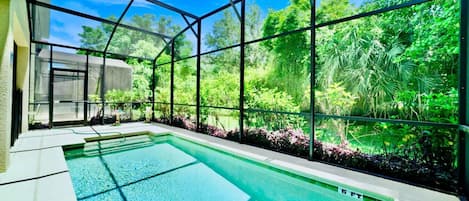 Una piscina con cerramiento de vidrio, rodeada de abundante vegetación y árboles.