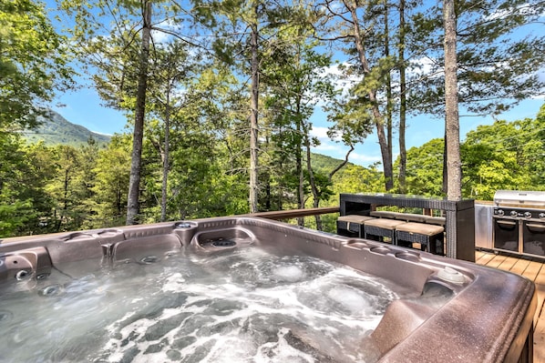 Outdoor spa tub - Hilltop Haven w/ Hot Tub, Mountain Views & Game Room (Black Mountain)