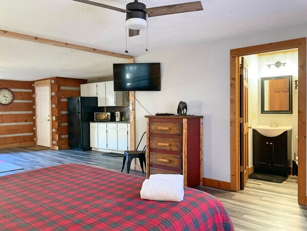A room with a bed, a television, a kitchen area, and a bathroom.