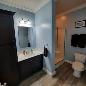 Bathtub, hair dryer, towels, soap