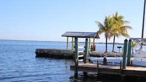 A dock with a covered seating area, a boat, and a palm tree. - Kings Kamp (Key Largo)