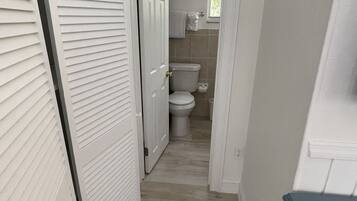 A narrow hallway leading to a bathroom with a toilet and a window.