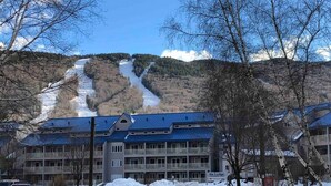 Un hotel de varios pisos con techo azul, rodeado de nieve en el suelo y entre árboles.