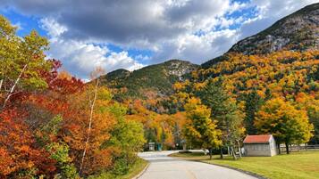 Une route sinueuse qui traverse une région montagneuse aux couleurs automnales.