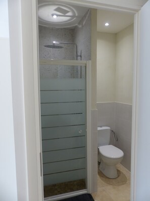 Douche, serviettes fournies, savon, papier toilette