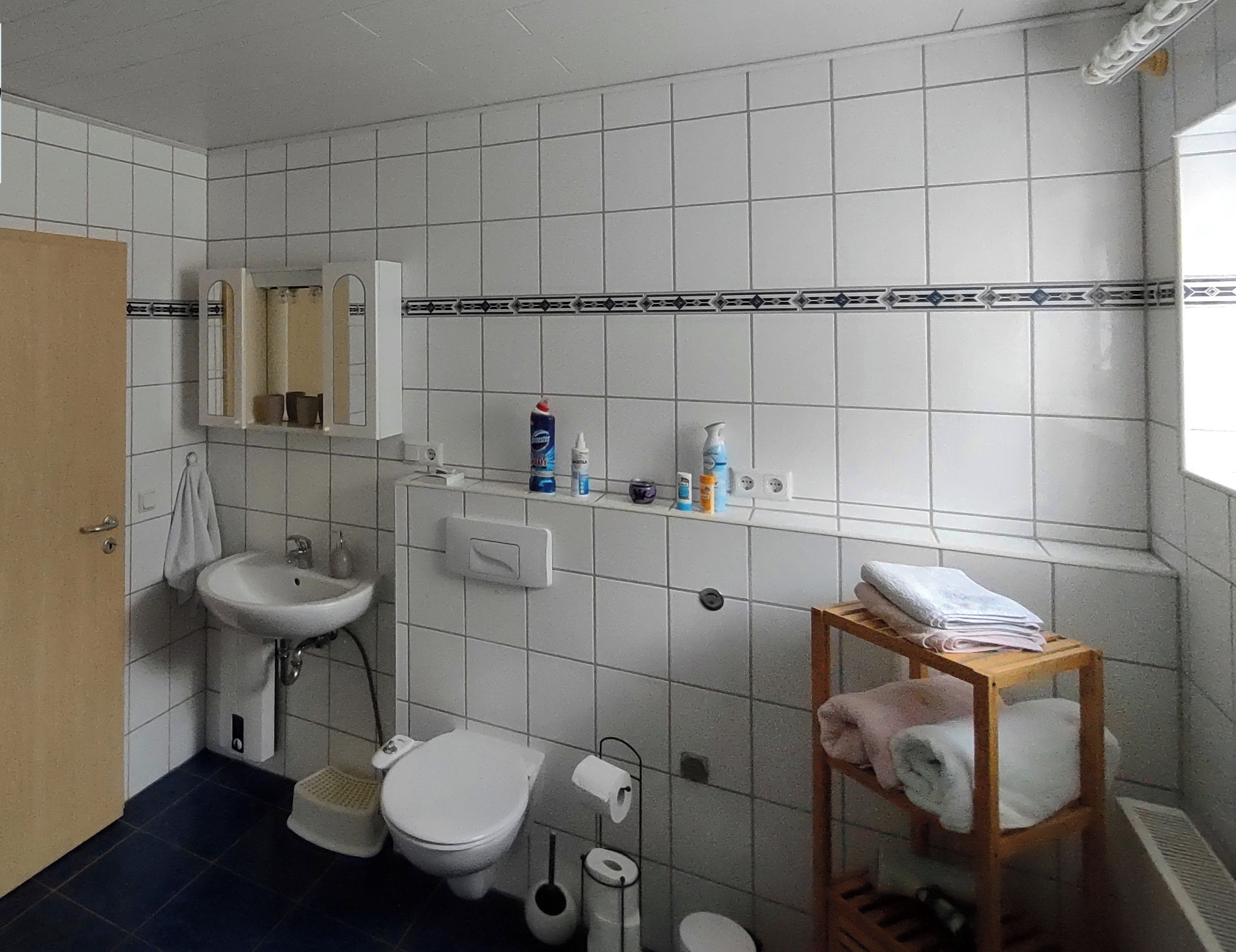 Een badkamer met toilet, wastafel en douche. Handdoekrek met handdoeken.