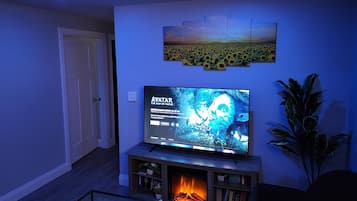 Smart TV, chimenea, libros y monitor de computadora