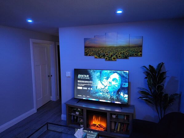 Smart-TV, Kamin, Bücher, Computerbildschirme